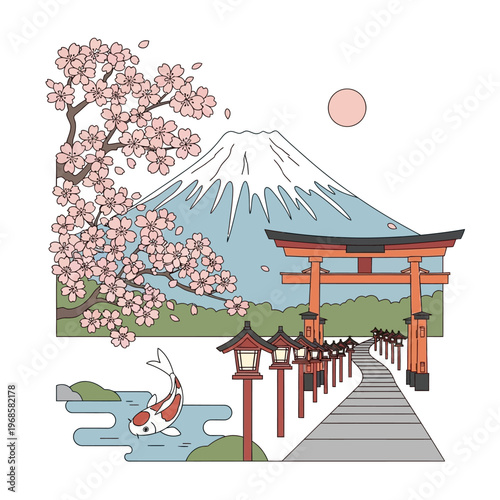 Mount Fuji, Torii Gate, Cherry Blossoms, Koi Pond, and Lanterns - Iconic Japanese Landscape