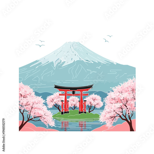 Mount Fuji and Torii Gate surrounded by Cherry Blossoms, iconic Japanese landscape