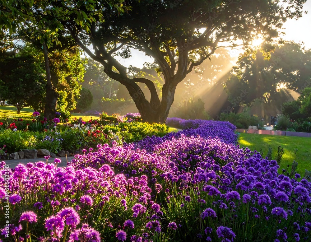 Naklejka premium A sunlit garden path, lined with vibrant purple flowers, leads toward a large tree bathed in golden sunlight. Lush greenery surrounds