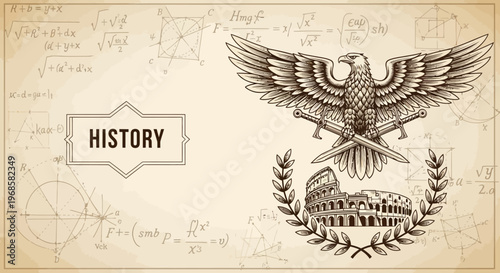 Vintage History Banner with Heraldic Eagle, Roman Colosseum and Mathematical Sketches on Parchment Paper