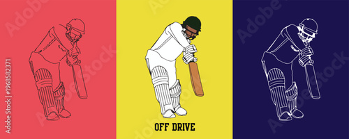 Cricket Off Drive Vector Illustrations Player in Action for Sports Social Media Design