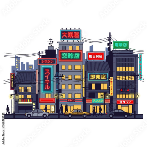 Neon Cityscape at Night: Pixel Art Japanese Street with Buildings and Cars