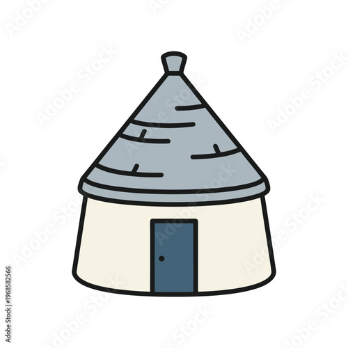Flat vector illustration of a traditional nomadic yurt tent, circular dwelling used in Central Asia.
