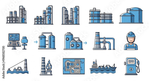 Oil and Gas Industry Icons - Production, Processing, and Distribution.