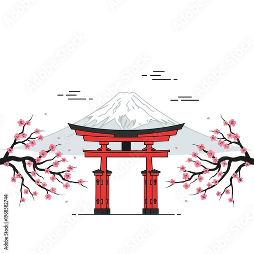 Red Torii Gate and Mt. Fuji with Cherry Blossoms, Traditional Japanese Scenery