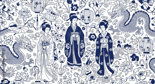 Traditional Oriental Pattern with Geisha Women, Dragons, and Lotus Flowers in Classic Blue and White Porcelain Style