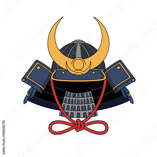 Samurai Kabuto Helmet with Gold Crescent Moon Emblem and Red Tassel