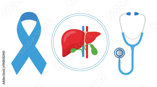 World Hepatitis Day liver awareness with blue ribbon and stethoscope.