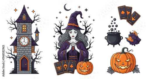 Halloween Witch and Magic Elements Set featuring Haunted Clock Tower, Jack-o'-lantern Pumpkin, Tarot Cards, and Cauldron Illustration isolated on white