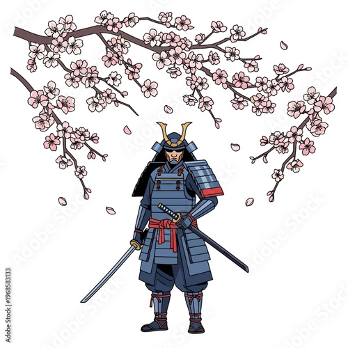 Samurai Warrior Standing Under Cherry Blossom Tree