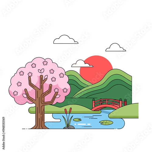 Serene Japanese Garden Landscape with Cherry Blossom Tree, Red Bridge, and Sun