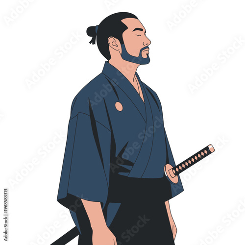 Serene Samurai Warrior with Sword, Traditional Japanese Warrior, Meditating