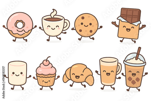 Cute cartoon desserts and drinks with happy faces in a cheerful arrangement on a plain background