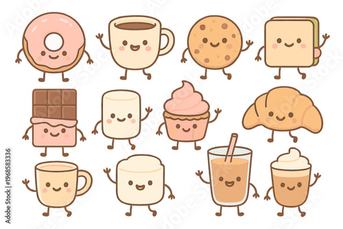 Cute and cheerful cartoon snacks and drinks with smiling faces having fun together in a colorful setting