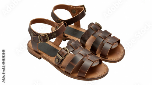 Stylish gladiator sandals with marbled sole and adjustable straps isolated on white background