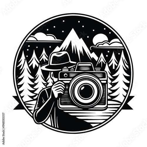 Black and white, vintage photographer badge, outdoor adventure logo, camera icon, travel emblem