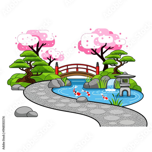 Serene Japanese Garden with Koi Pond, Cherry Blossoms, and Stone Bridge