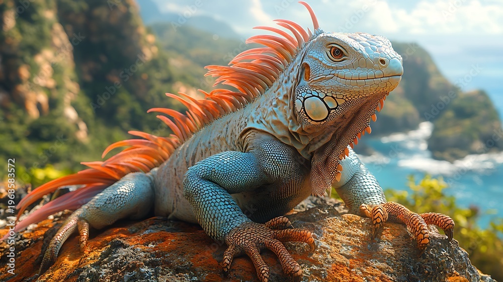 Fototapeta premium Iguana on rock coastal scene