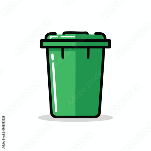 A green trash can with a black lid and outline, casting a subtle shadow