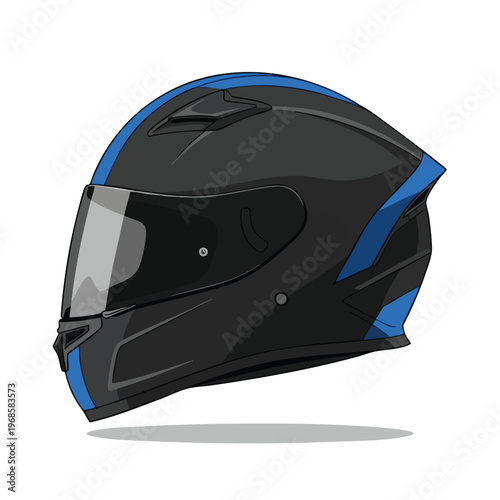 Sleek black full-face helmet with blue accents and tinted visor