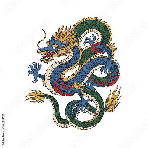 Traditional Chinese Dragon Illustration - Blue, Green, Gold