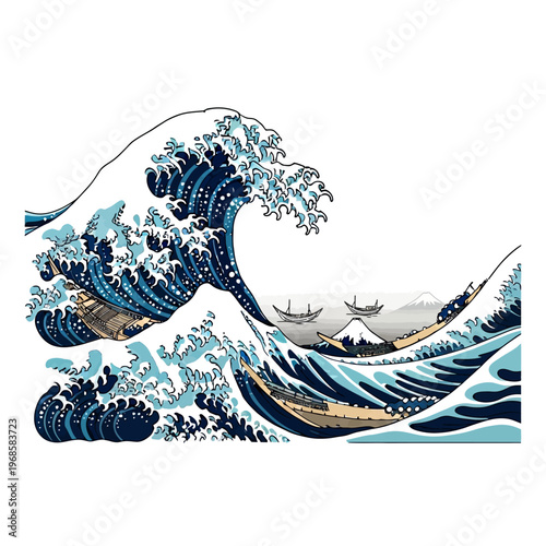 Traditional Japanese Wave Art with Boats and Mount Fuji