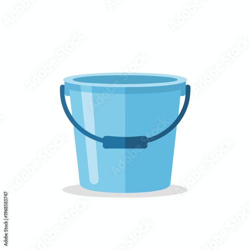 A simple light blue bucket with a dark blue handle and rim is shown on a white background