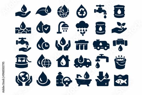 Water and Environment Icon Set with Supply, Conservation, Agriculture and Sustainability Symbols