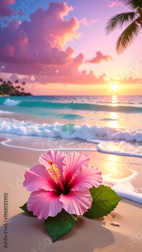 A vibrant, tropical beach scene at sunset with a pink flower in the foreground and a palm tree in the corner