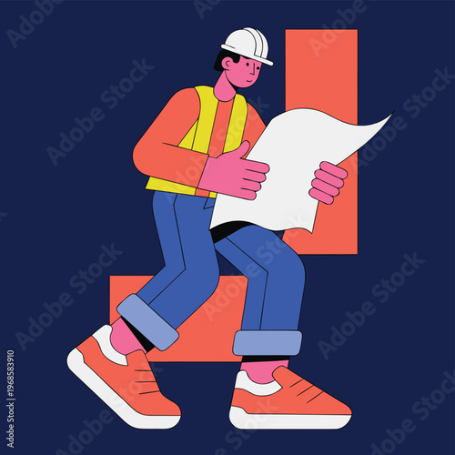 Architect or engineer reviewing plans at construction site with hard hat with safety vest with skilled labor with protective gear