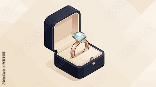 Isometric 3D Illustration of a Gold Engagement Ring with a Large Diamond in an Open Luxury Jewelry Box, Symbol of Marriage Proposal and Commitment