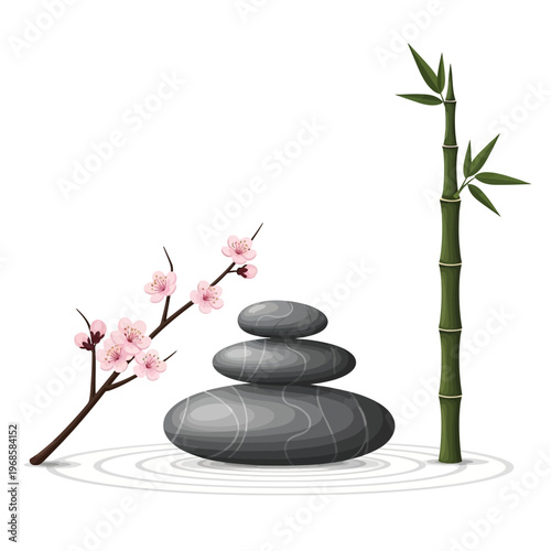 Zen spa stones, bamboo stalk, and cherry blossom branch on rippling water.