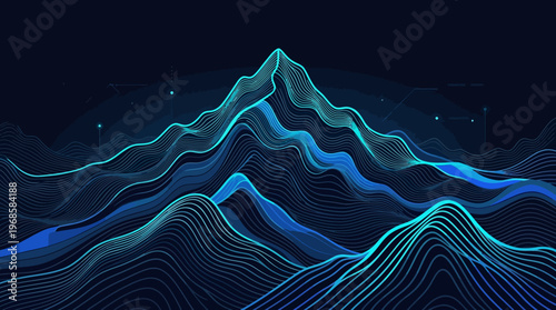 Futuristic Digital Mountain Landscape with Glowing Blue Topographic Contour Lines for Data Visualization Background
