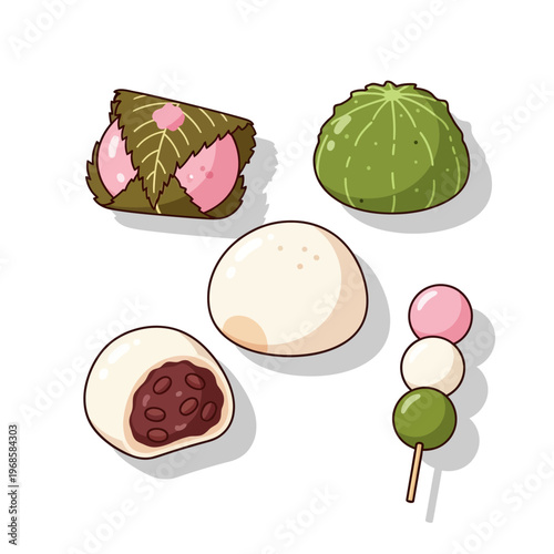 Assortment of Japanese Wagashi sweets, traditional mochi and dango, isolated on white background
