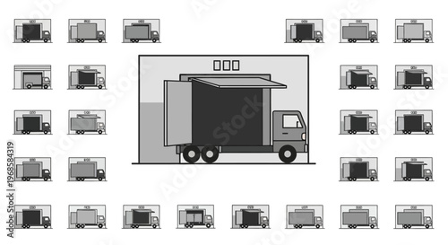 Grayscale Outline Icons of Delivery Trucks with Open Rear Doors and Warehouse Facilities for Logistics Management on an Isolated White Background