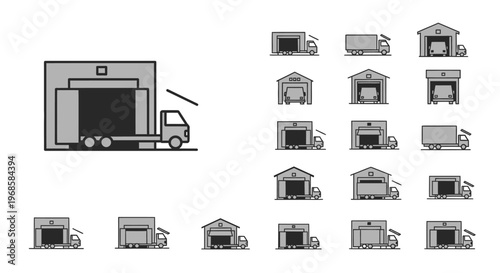 Grayscale Outline Icons of Warehouse Buildings and Delivery Trucks at Loading Docks for Logistics Operations on an Isolated White Background