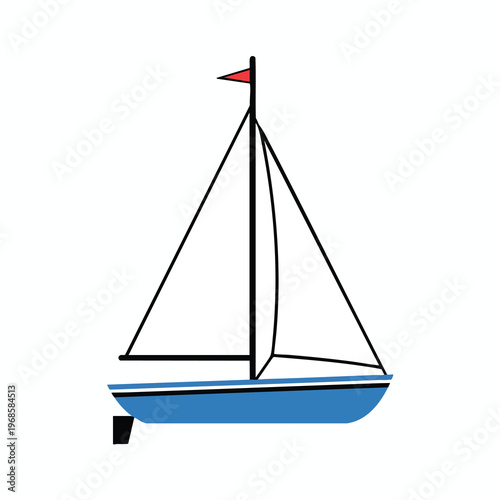 A blue sailboat with a red flag on its mast sails on a white background