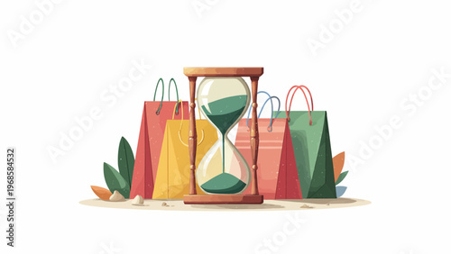Hourglass and colorful shopping bags representing time limited sales