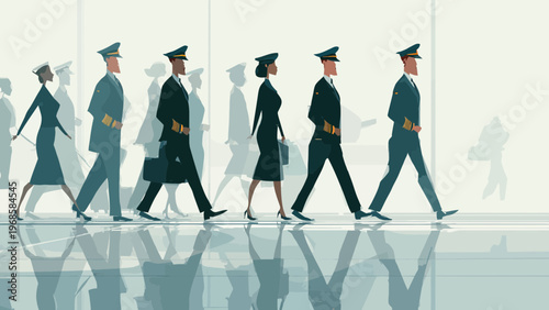 Stylized Airline Crew Walking in Airport Illustration