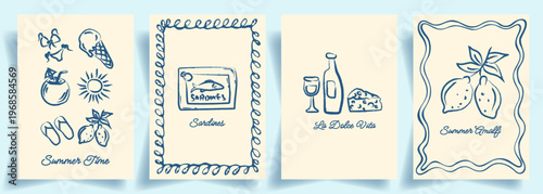 Summer Posters Set with Whimsical Hand Drawn Drawing Elements Beach Food. Mediterranean Summer Doodle illustration with Italian Food Sketches Sardines Wine Bottles Lemons Beach Elements. Doodle style
