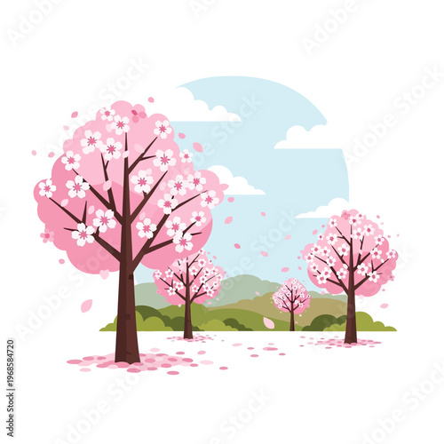 Cherry Blossom Trees Blooming in Spring Landscape with Mountains and Sky