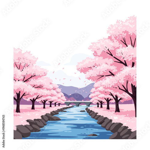 Cherry blossom trees line a tranquil river, leading to a bridge and distant mountains.