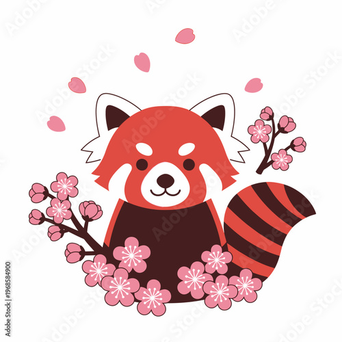 Cute Red Panda with Cherry Blossoms and Falling Petals, Vector Illustration