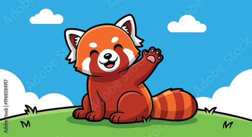 Cute Cartoon Red Panda Waving Hello Friendly Greeting.