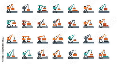 Large set of colorful industrial crane icons lifting cargo containers on an isolated white background, symbolizing construction and logistics.
