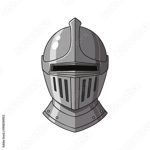 A gleaming silver knight's helmet with a visor and protective neck guard