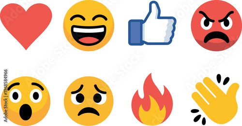 Social media reactions vector icons featuring heart laugh thumbs up angry surprised sad fire clapping emoji symbols for app interface and social platform interactions