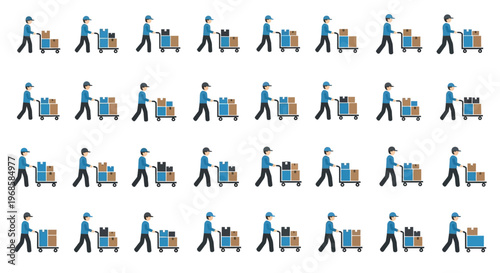 Multiple delivery men pushing trolleys with boxes on an isolated white background, showcasing efficient logistics and shipping services.