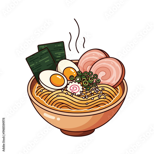Delicious Ramen Bowl with Noodles, Egg, Pork, and Seaweed - Japanese Food Illustration