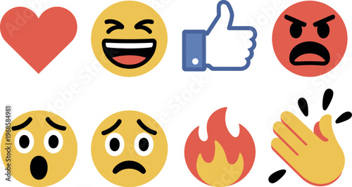Social media reactions vector icon set including heart laugh thumbs up angry surprised sad fire and clapping emoji symbols for digital communication and interface design